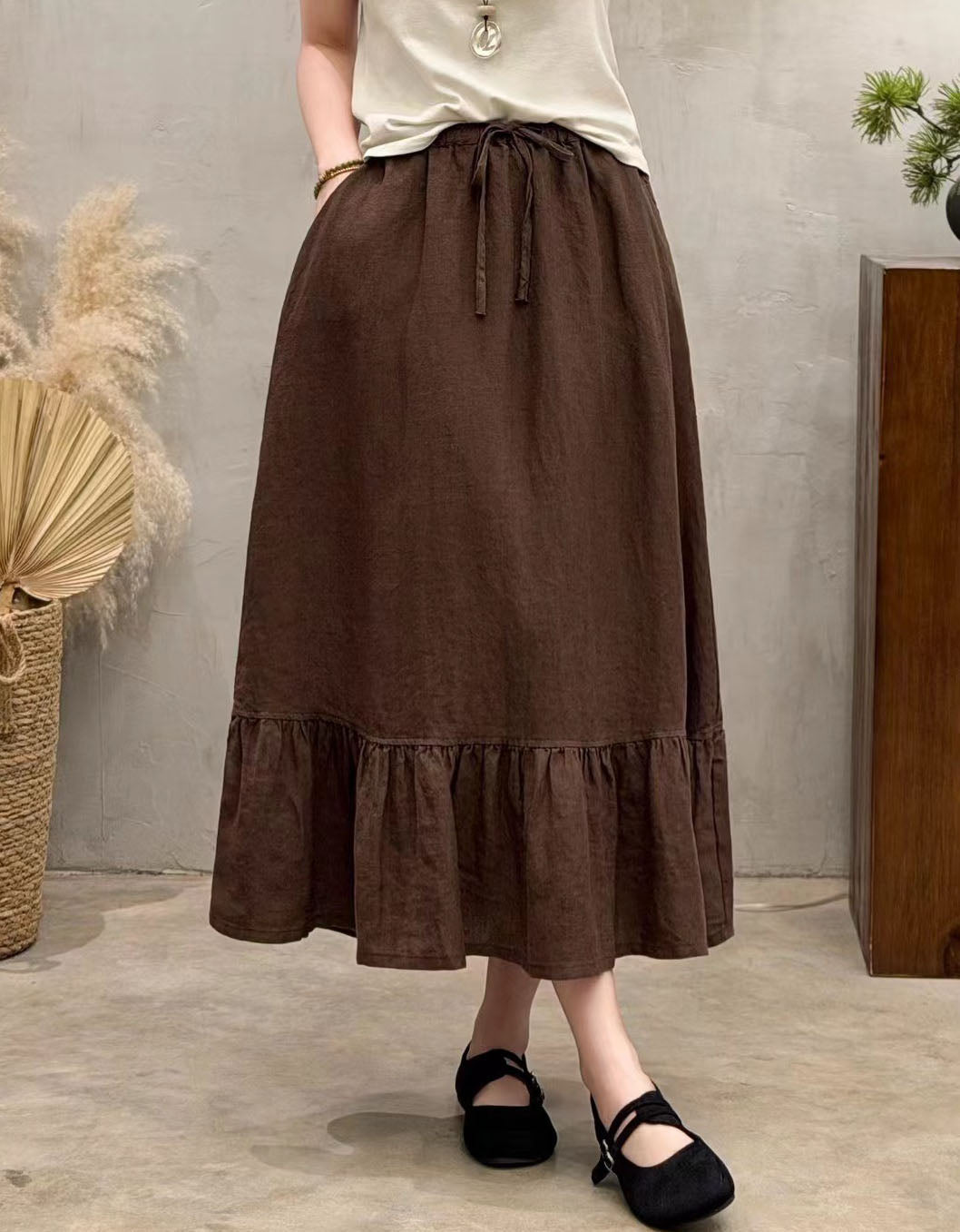 Vintage Inspired Coffee Long Skirt – Breathable Linen Blend Ruffle Hem Skirt