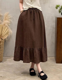 Vintage Inspired Coffee Long Skirt – Breathable Linen Blend Ruffle Hem Skirt