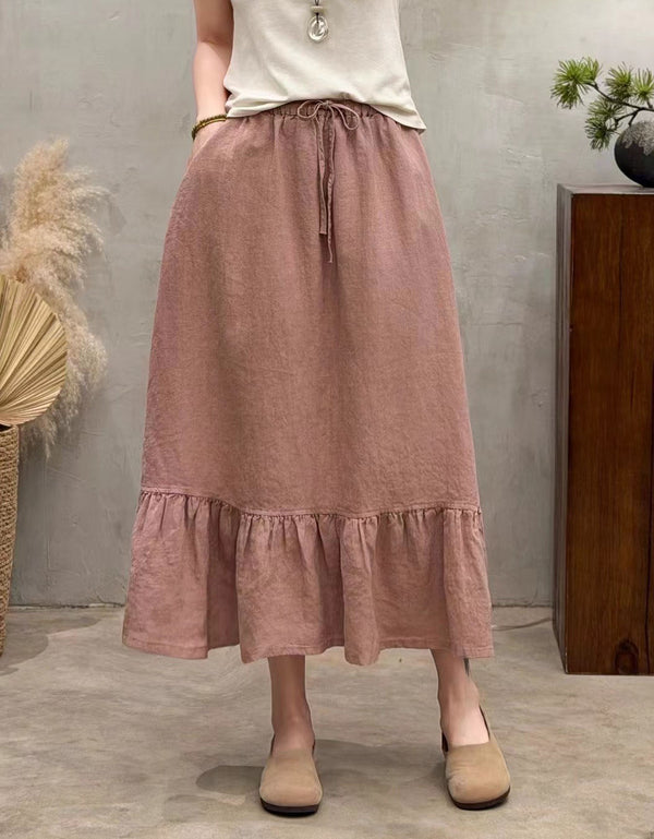 Boho Pink Linen Skirt for Women – Elastic Waist Flowy Maxi Skirt with Ruffle Hem