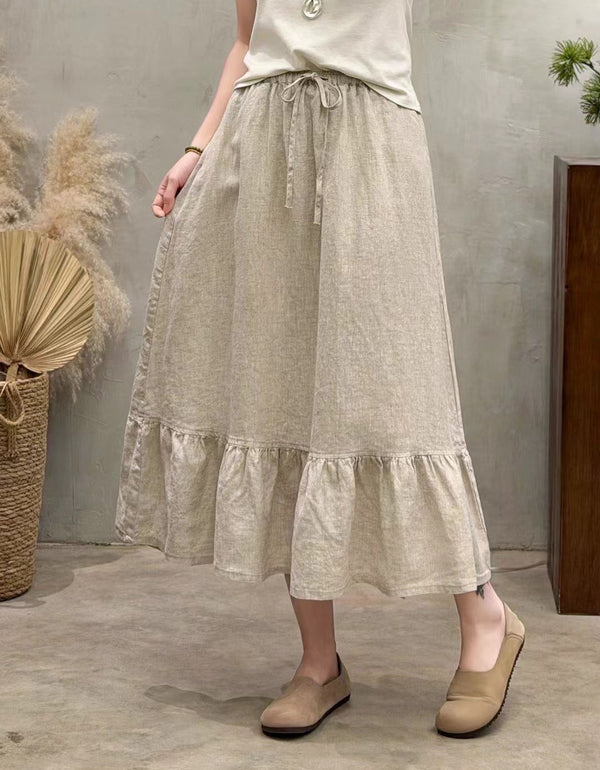 Women’s Cottagecore Maxi Skirt – Loose Fit Linen Blend Long Skirt in Beige