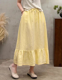 Casual Linen Maxi Skirt for Women – Soft Yellow Bohemian Summer Skirt with Pockets