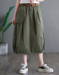 Casual A-Line Midi Skirt Women Elastic Waist Pocket