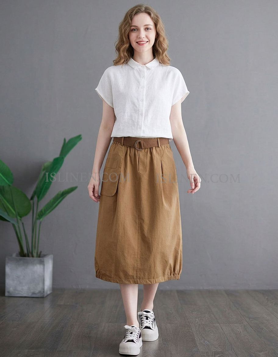 Women Casual Side Pocket A-Line Cotton Midi Skirt