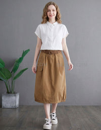 Women Casual Side Pocket A-Line Cotton Midi Skirt