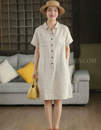 Women’s Linen Shirt Dress with Pockets & Buttons