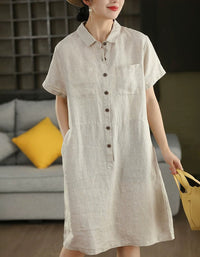 Women Casual Side Pockets Short Sleeve Linen Shirt Dress