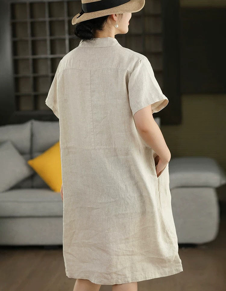 Women’s Loose Fit Linen Midi Dress with Collar