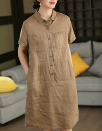 Relaxed Fit Linen Shirt Dress with Short Sleeves