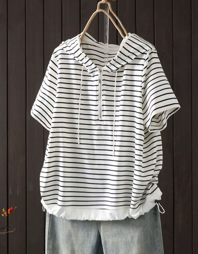Casual oversized striped hoodie top in black and white for women