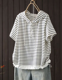 Casual oversized striped hoodie top in black and white for women