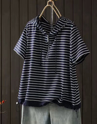 Lightweight women’s striped pullover top with adjustable hood strings
