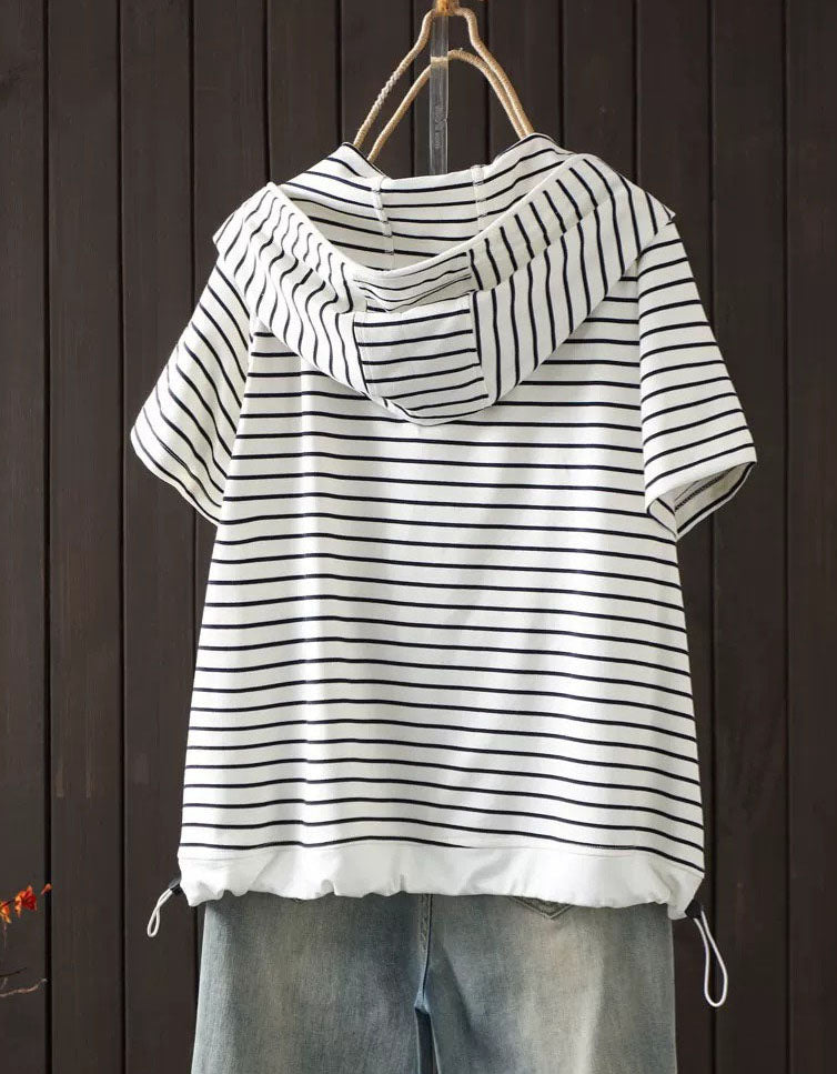 Women’s loose fit half zip hooded blouse with minimalist striped design