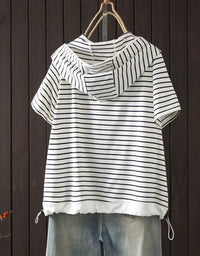 Women’s loose fit half zip hooded blouse with minimalist striped design