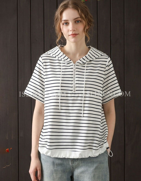 Women’s striped hooded T-shirt with half zip neckline and short sleeves