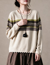 Women’s Green Striped Long Sleeve Knit Sweater
