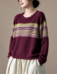 Women’s Casual Green Striped Sweater with Ruffle Trim