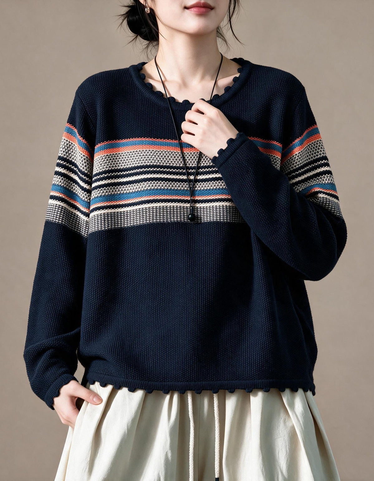 Women’s Green Crew Neck Striped Knit Sweater