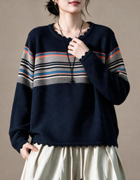 Women’s Green Crew Neck Striped Knit Sweater