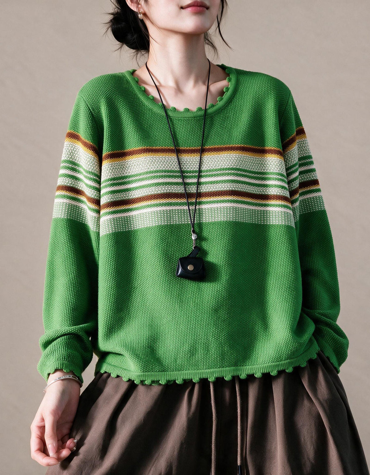 Women’s Vintage Green Striped Knit Pullover Sweater