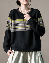 Women’s Green Striped Knit Sweater with Ruffle Trim