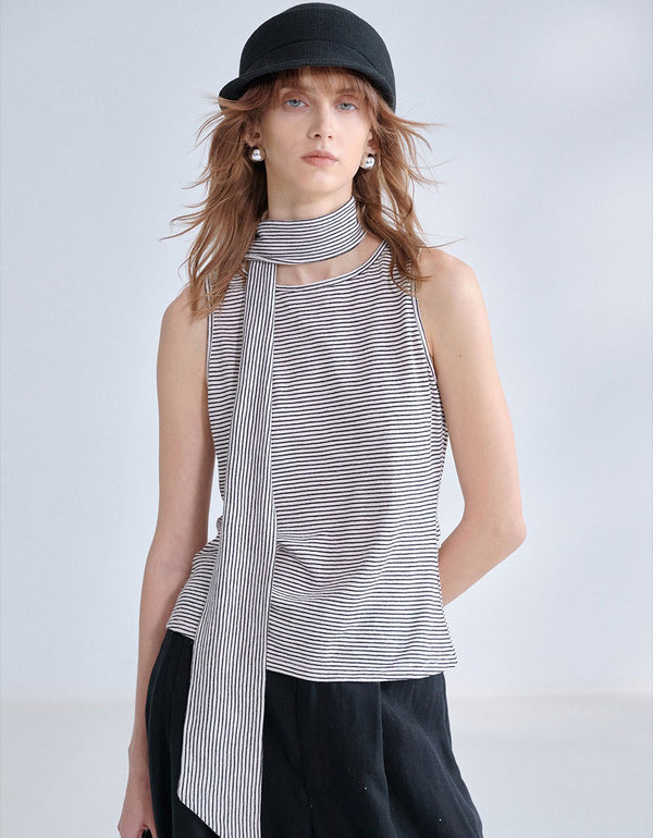 Minimalist Striped Sleeveless Knit Top for Women with Matching Scarf