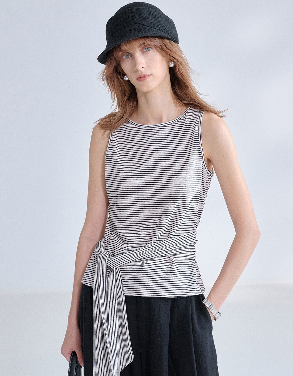 Korean Style Striped Sleeveless Top with Scarf for Women