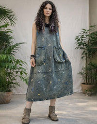 vintage embroidered denim midi dress women front view