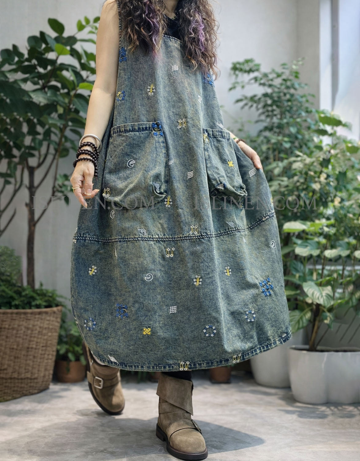casual boho embroidered denim dress women
