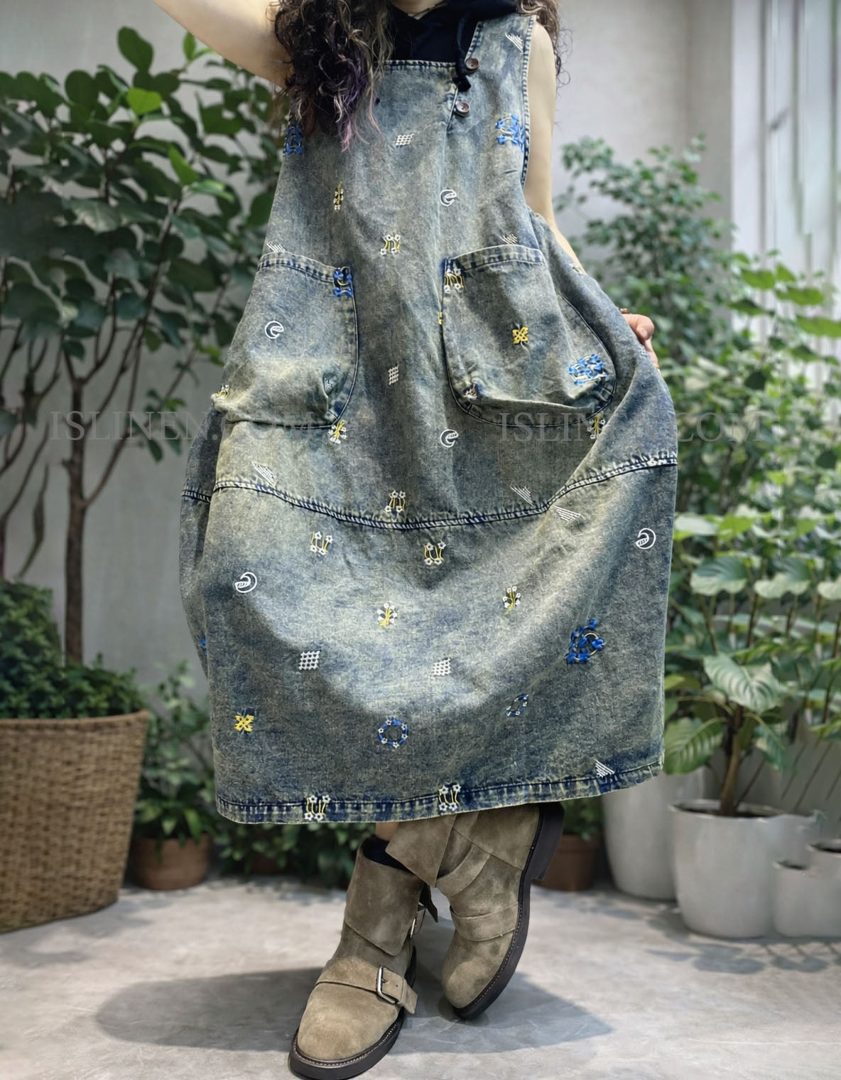 Vintage A line denim midi dress outfit women