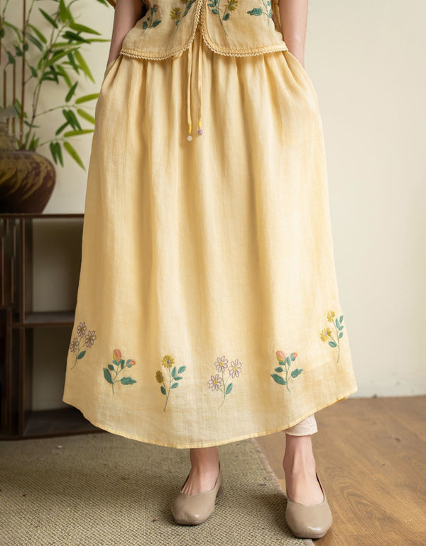 Boho Yellow Embroidered Linen Skirt Loose Fit Women