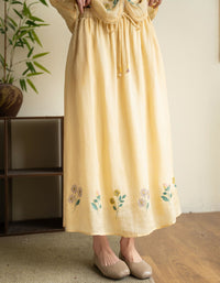 Vintage Floral Embroidery Yellow Midi Skirt for Women 2026 May Women's Collection