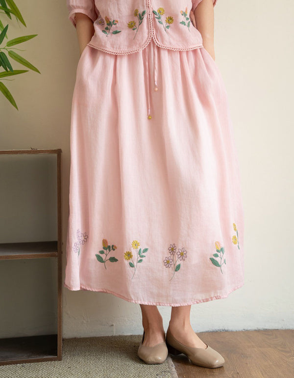 Women Pink Floral Embroidered Linen Midi Skirt Casual