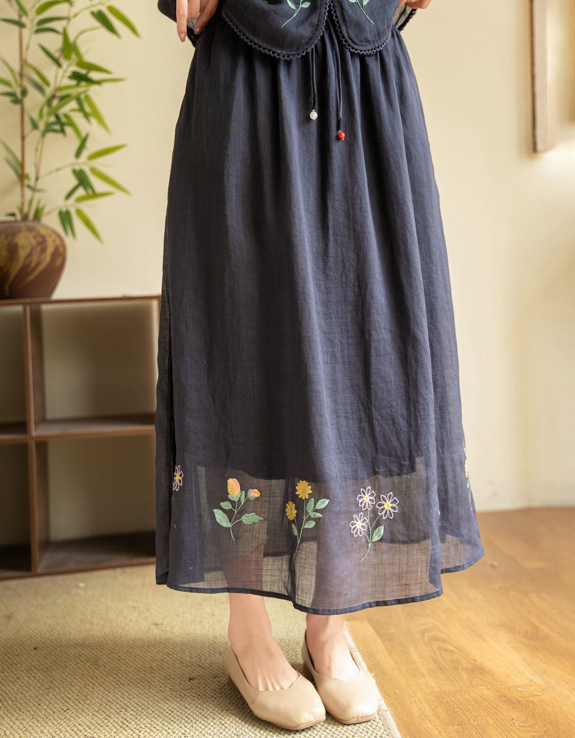 Navy Women Casual Linen Skirt Floral Embroidered Midi Style 2026 May Women's Collection