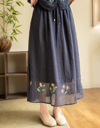Navy Women Casual Linen Skirt Floral Embroidered Midi Style 2026 May Women's Collection