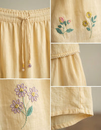 Close-up of Women Loose Fit Yellow Linen Skirt Floral Boho Style 2026 May Women's Collection