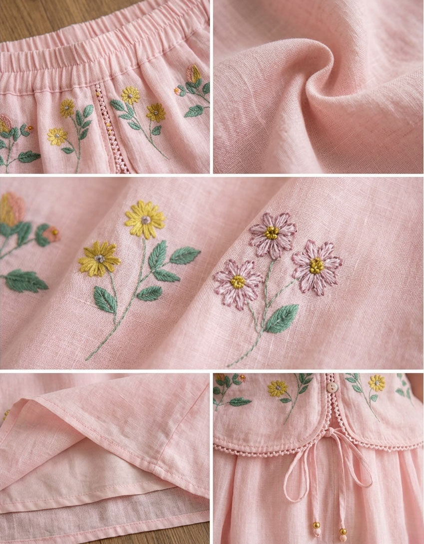 Close-up of Women Loose Fit Pink Linen Skirt Floral Boho Style 2026 May Women's Collection