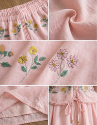 Close-up of Women Loose Fit Pink Linen Skirt Floral Boho Style 2026 May Women's Collection