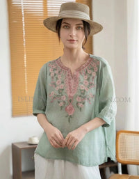 Green Linen Blouse Women Floral Embroidery Casual Top