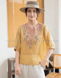 Women Yellow Linen Top Floral Embroidery Loose Fit Blouse