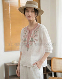 White Embroidered Linen Blouse Women Casual Summer Top