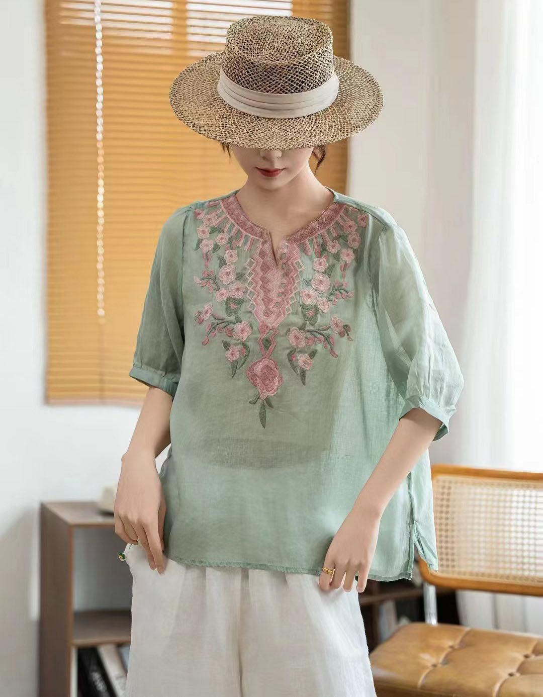 Women Green Floral Linen Blouse Relaxed Fit Casual Top