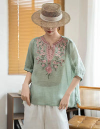 Women Green Floral Linen Blouse Relaxed Fit Casual Top
