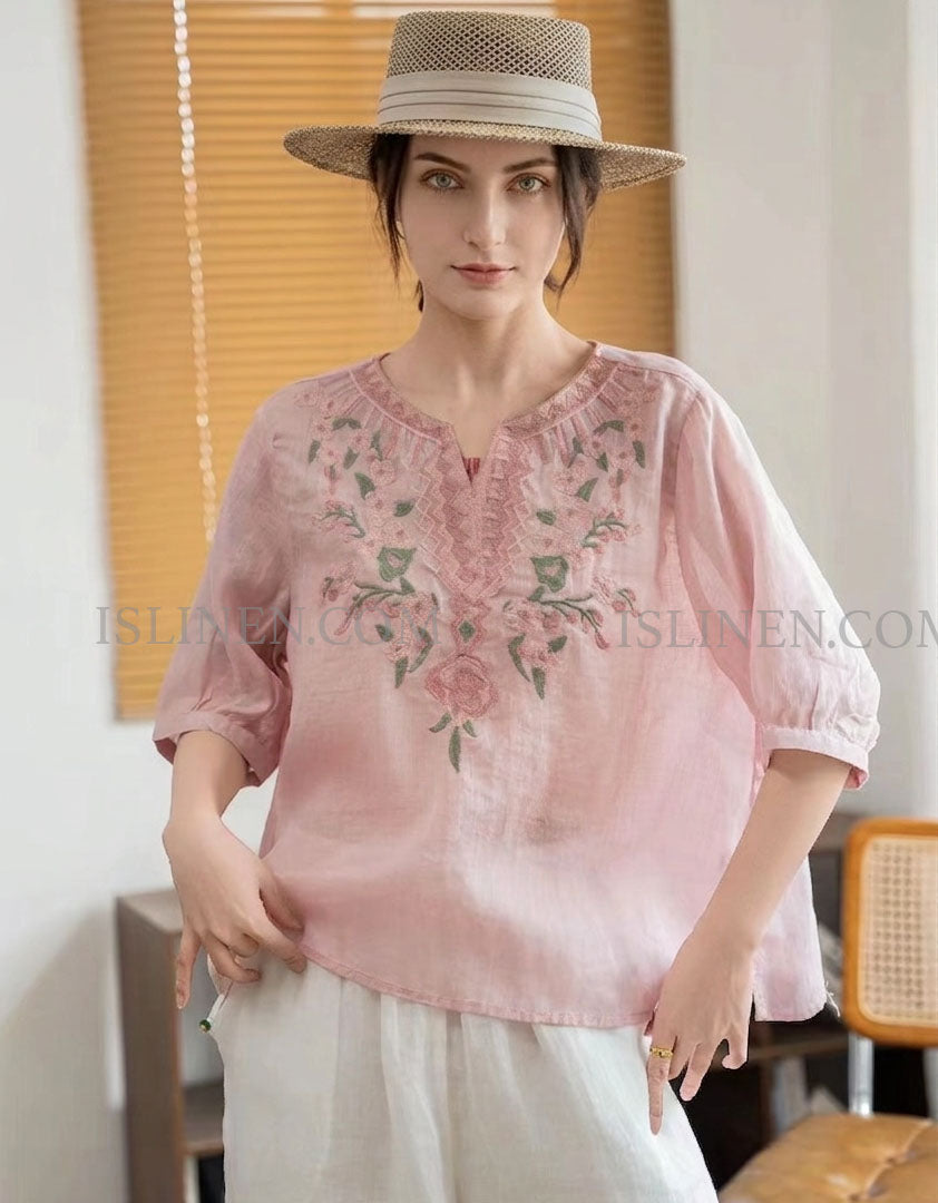 Pink Embroidered Linen Blouse Women Casual Summer Top