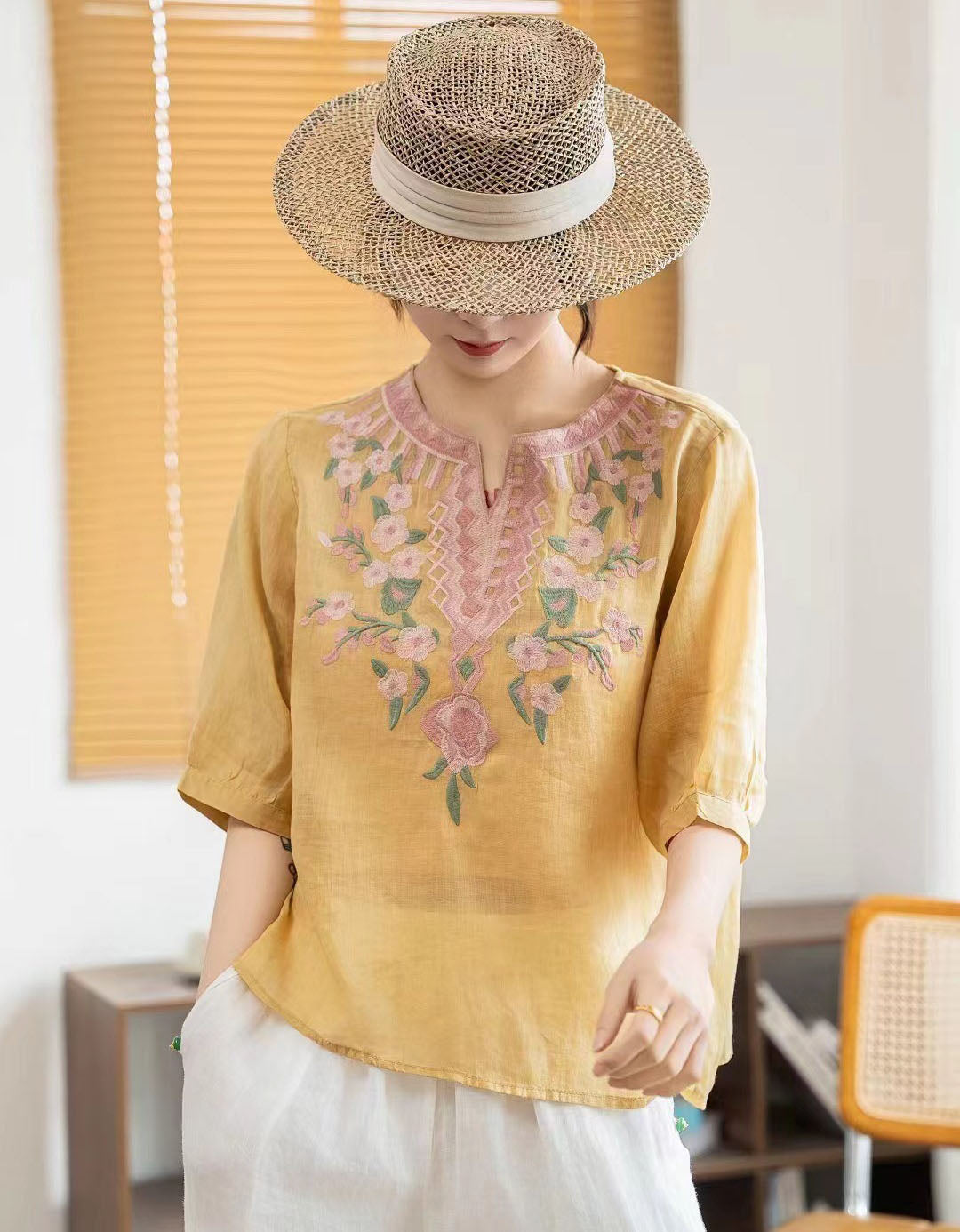 Yellow Linen Top Women Floral Embroidery Half Sleeve Fit