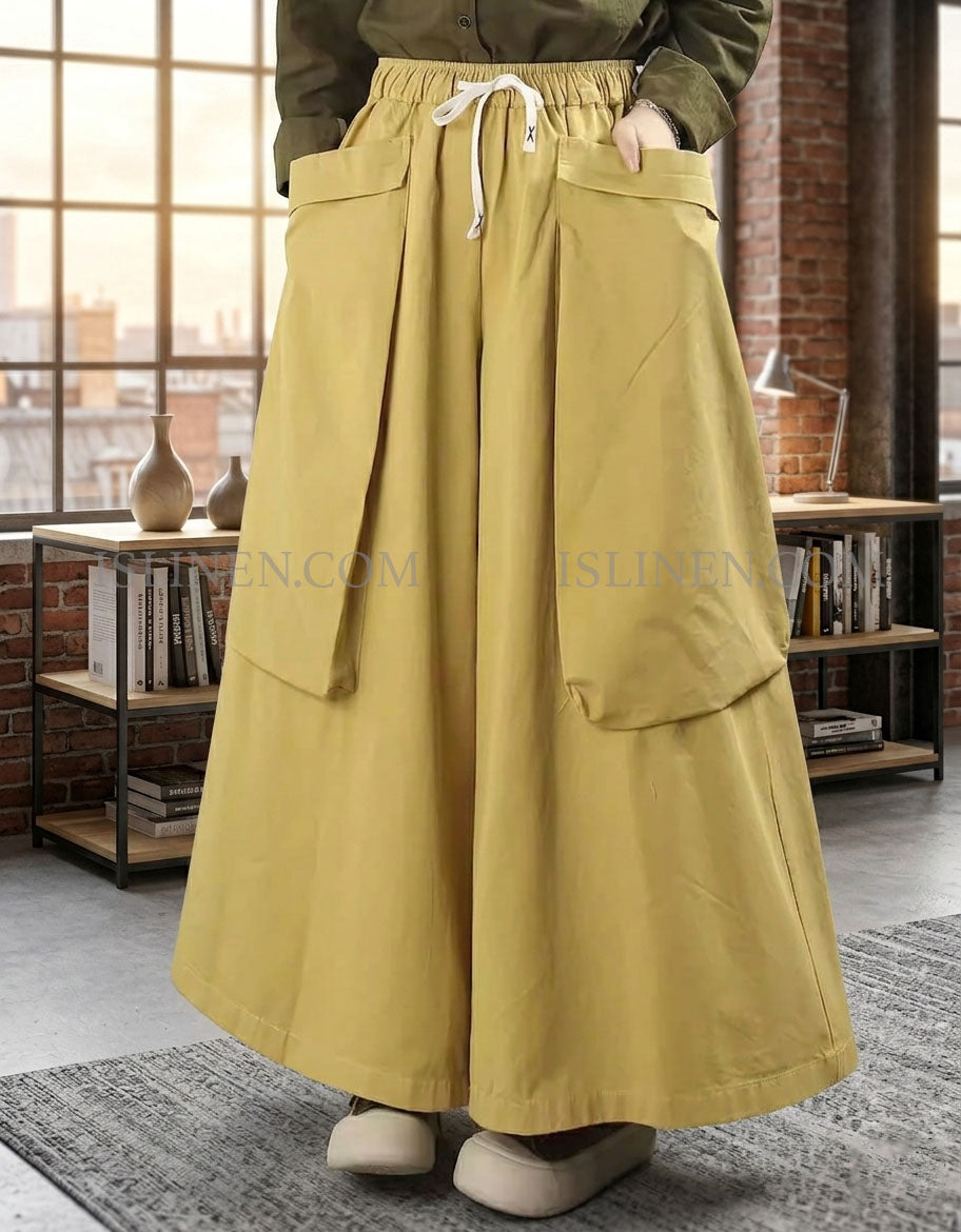 Women’s Wide-Leg Yellow Cotton Pants with Pockets