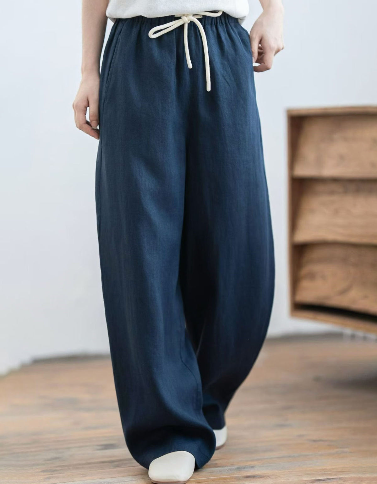 Minimalist Linen Wide Leg Pants – Breathable Elastic Waist Casual Lounge Trousers for Women