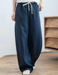 Minimalist Linen Wide Leg Pants – Breathable Elastic Waist Casual Lounge Trousers for Women
