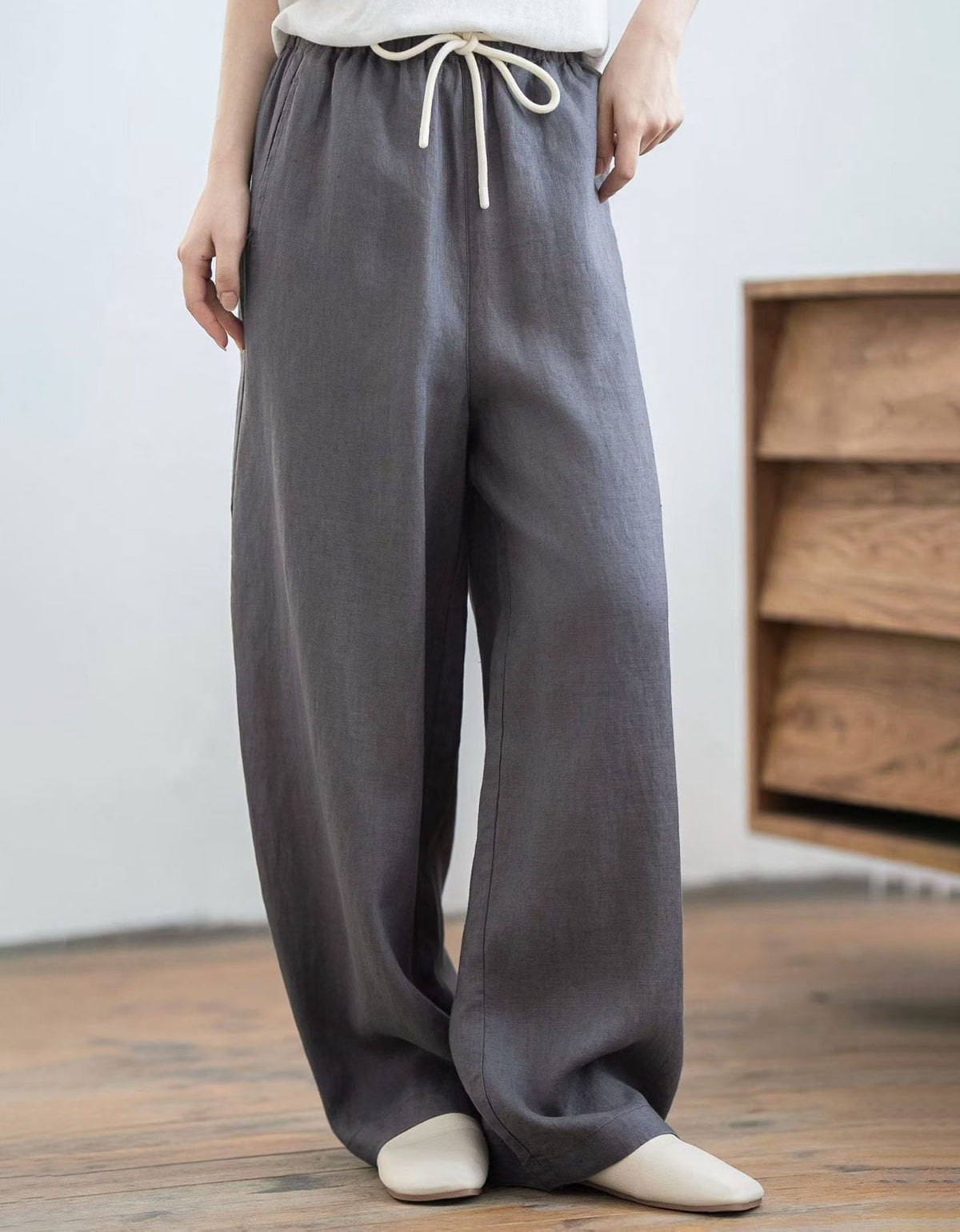 Women's Lightweight Linen Summer Pants – Comfortable Loose Fit Wide Leg Drawstring Palazzo Trousers