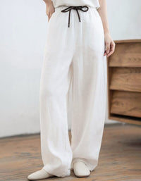 Japanese inspired linen wide leg pants for women in mustard yellow casual relaxed fashion style