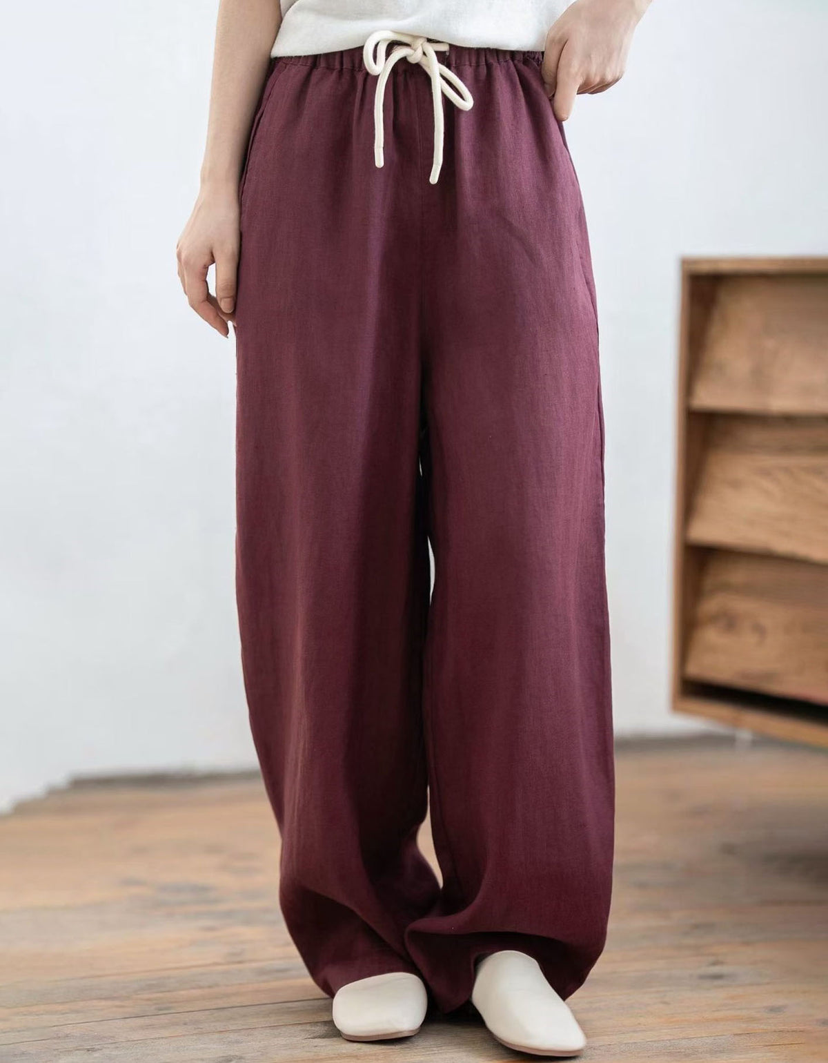 Japanese Style Linen Blend Wide Leg Pants – Casual Elastic Waist Relaxed Fit Women's Trousers